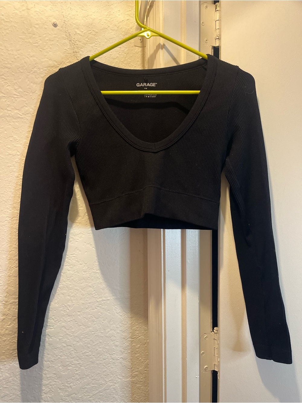Garage Black Ribbed Scoop-Neck Long Sleeve Crop Top